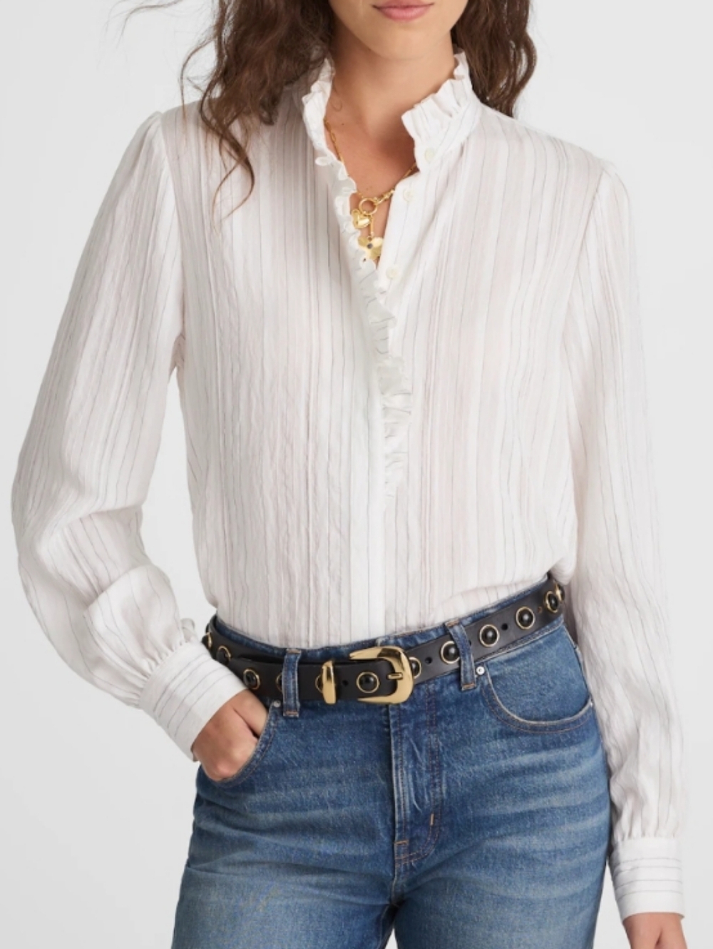 NWT Madewell Ruffled Button Up Top White Striped Blouse Size Small Light